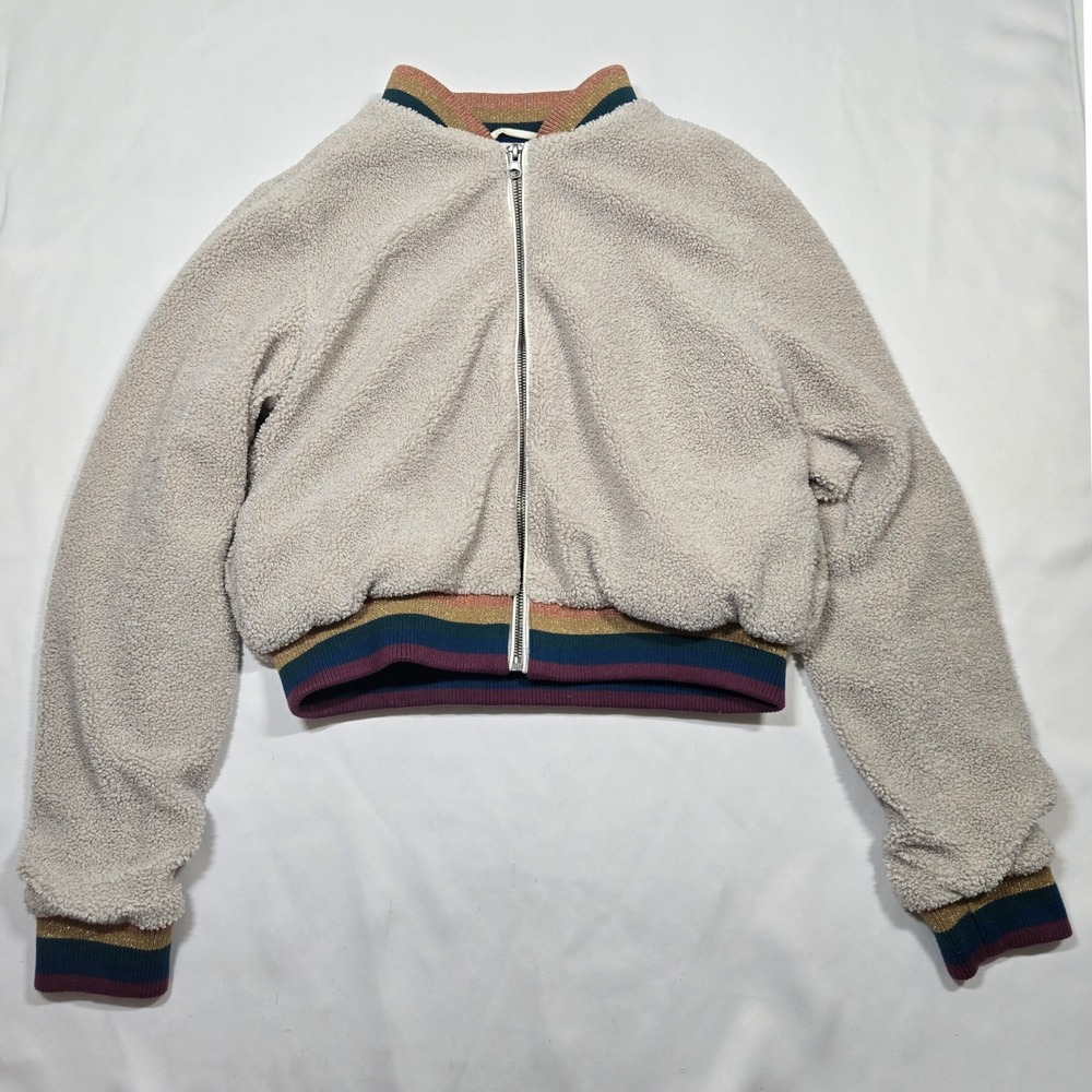 Spiritual Gangster Sherpa Bomber Jacket Women Small Rainbow Metallic Zip Cropped